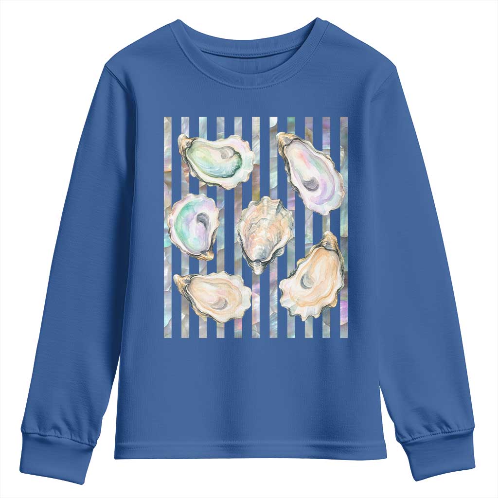 Striped Glitter Oyster Shell Youth Sweatshirt Coastal Summer Ocean Gift TS12 Royal Blue Print Your Wear
