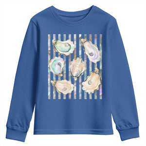Striped Glitter Oyster Shell Youth Sweatshirt Coastal Summer Ocean Gift TS12 Royal Blue Print Your Wear
