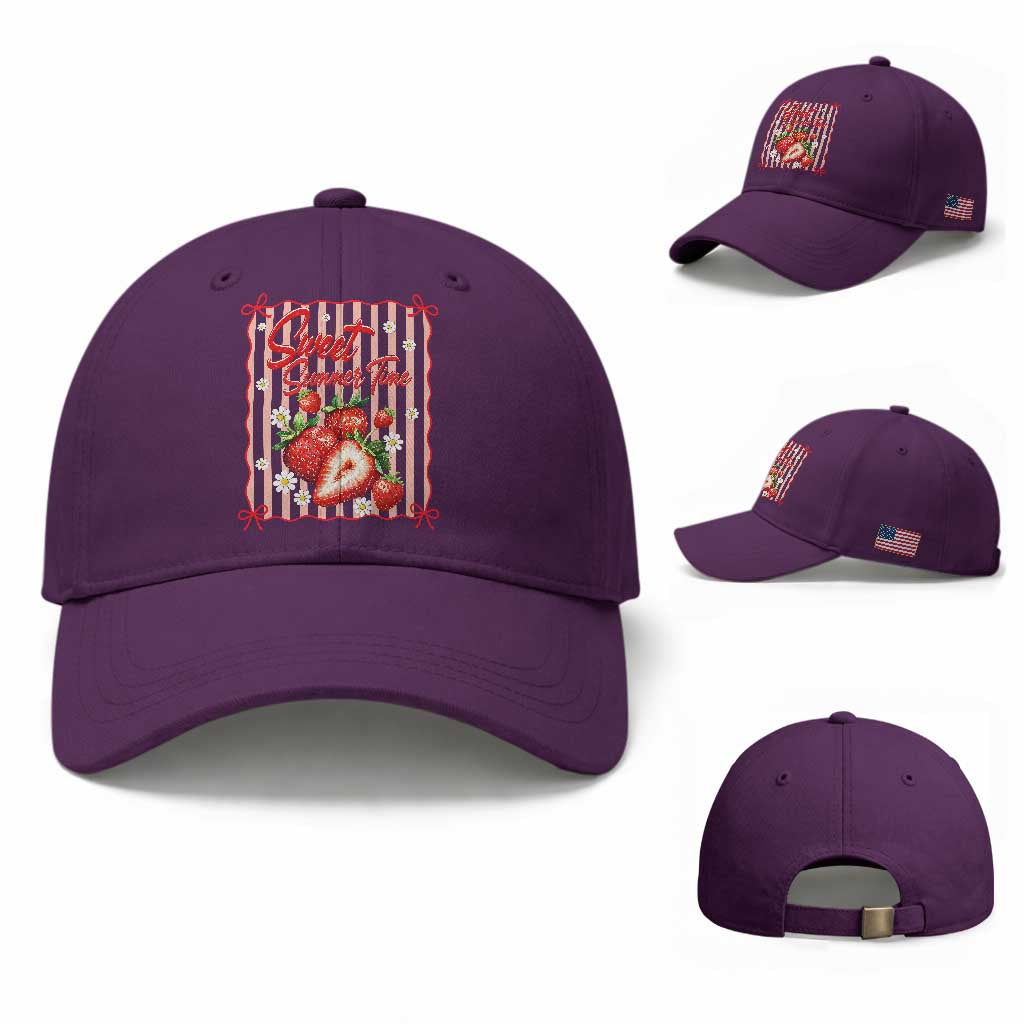 Striped Summer Strawberry Baseball Cap Preppy Beach Vibes Graphic TS12 Baseball Cap Universal Fit Purple Print Your Wear