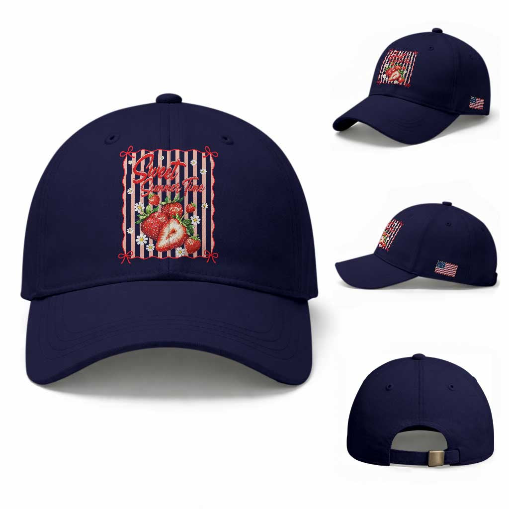 Striped Summer Strawberry Baseball Cap Preppy Beach Vibes Graphic TS12 Baseball Cap Universal Fit Dark Blue Print Your Wear