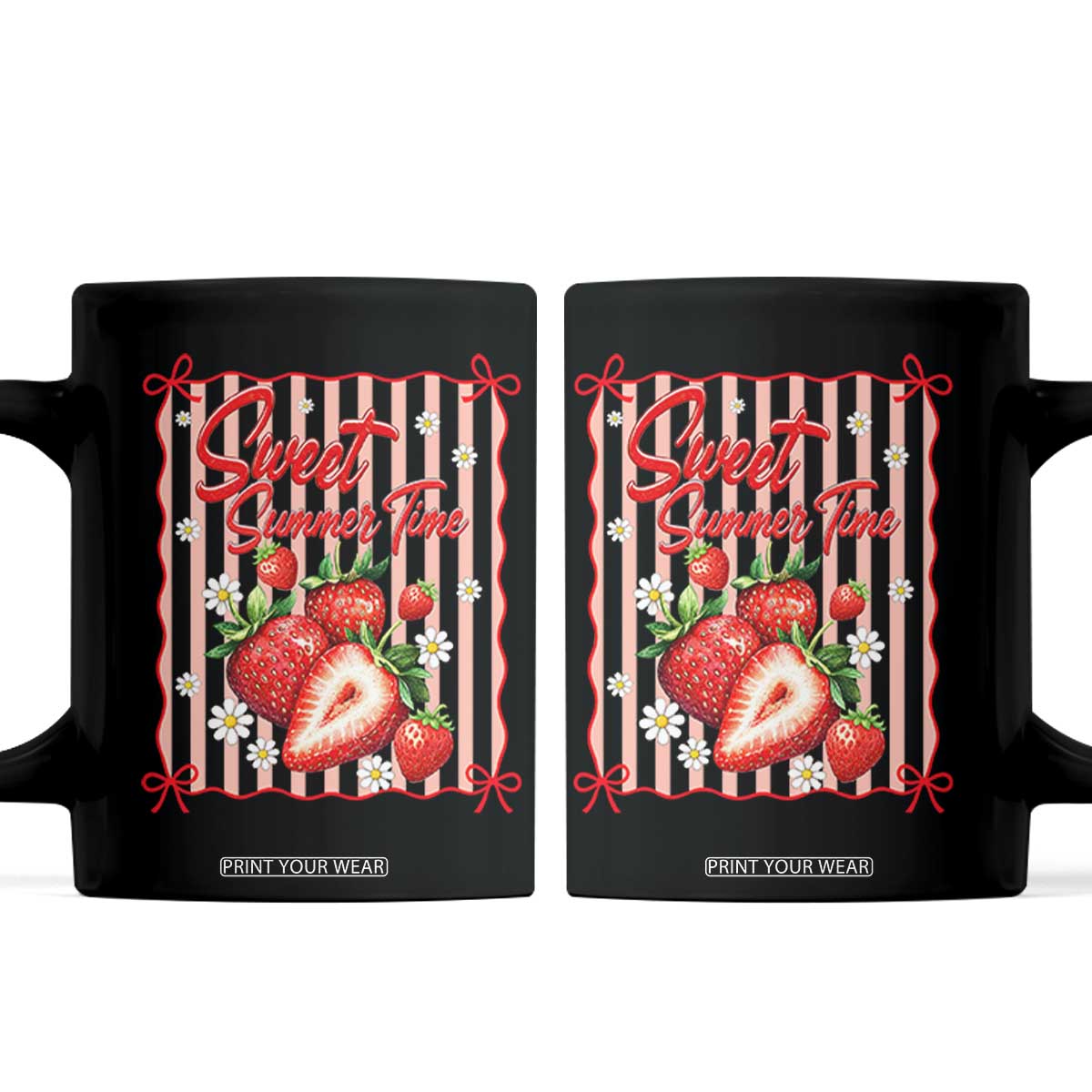 Striped Summer Strawberry Coffee Mug Preppy Beach Vibes Graphic TS12 Black Print Your Wear