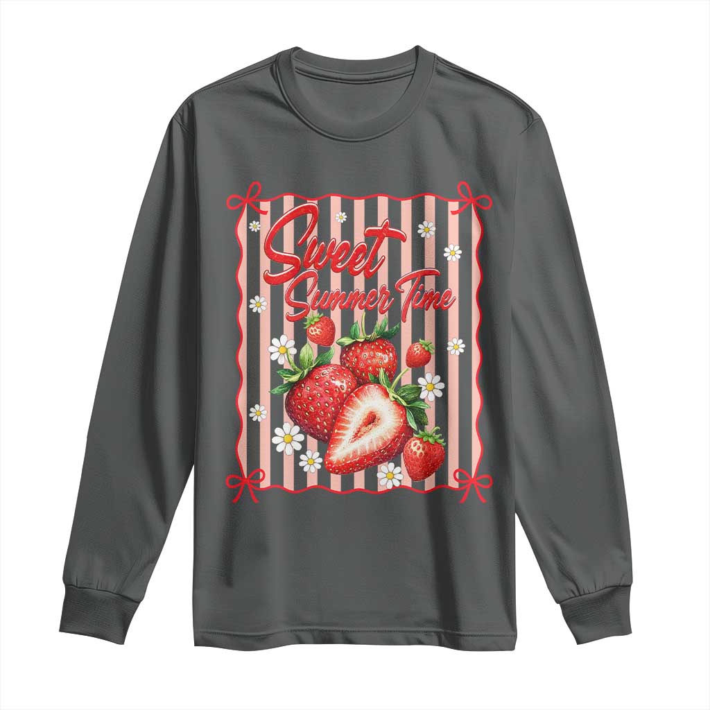 Striped Summer Strawberry Long Sleeve Shirt Preppy Beach Vibes Graphic TS12 Dark Heather Print Your Wear