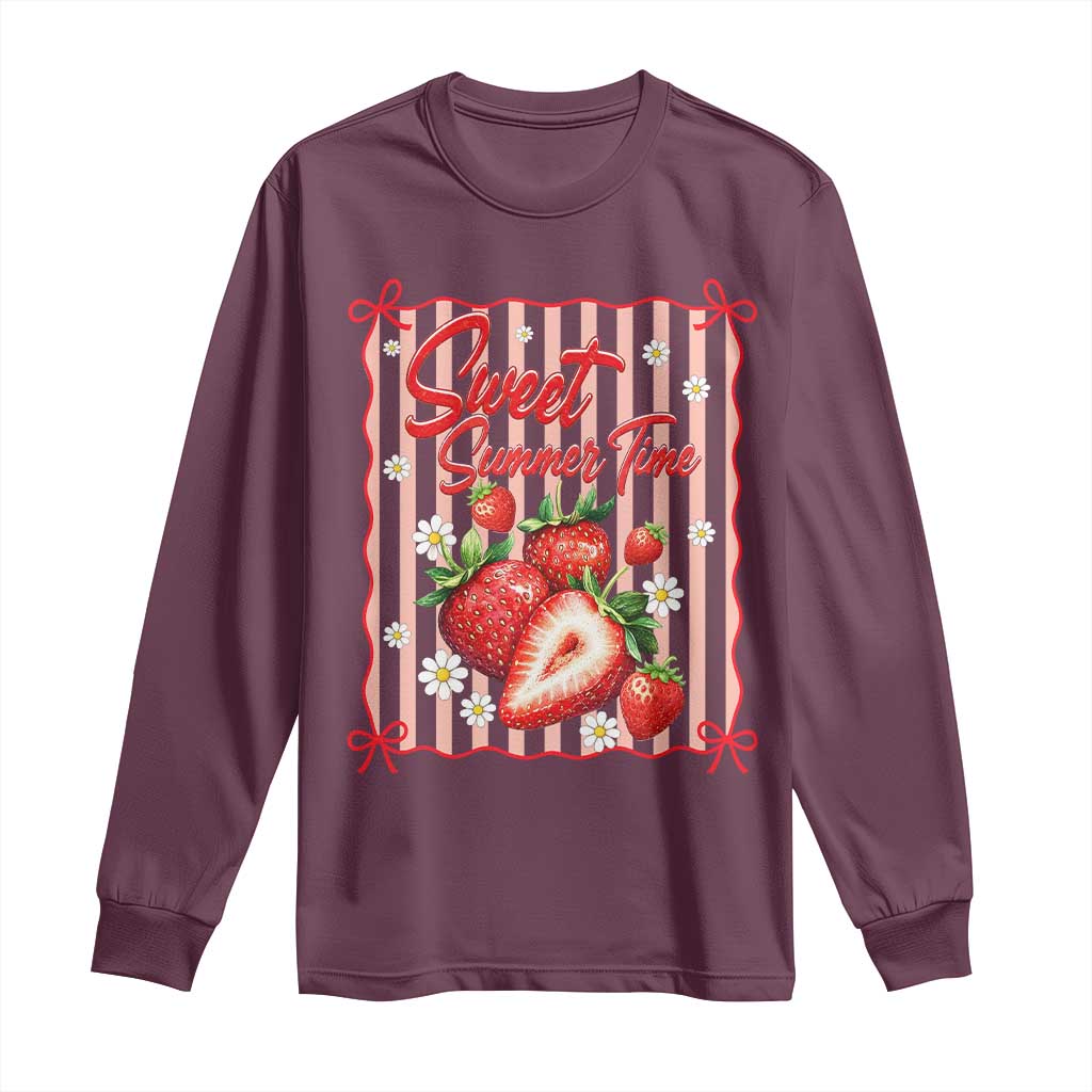 Striped Summer Strawberry Long Sleeve Shirt Preppy Beach Vibes Graphic TS12 Maroon Print Your Wear