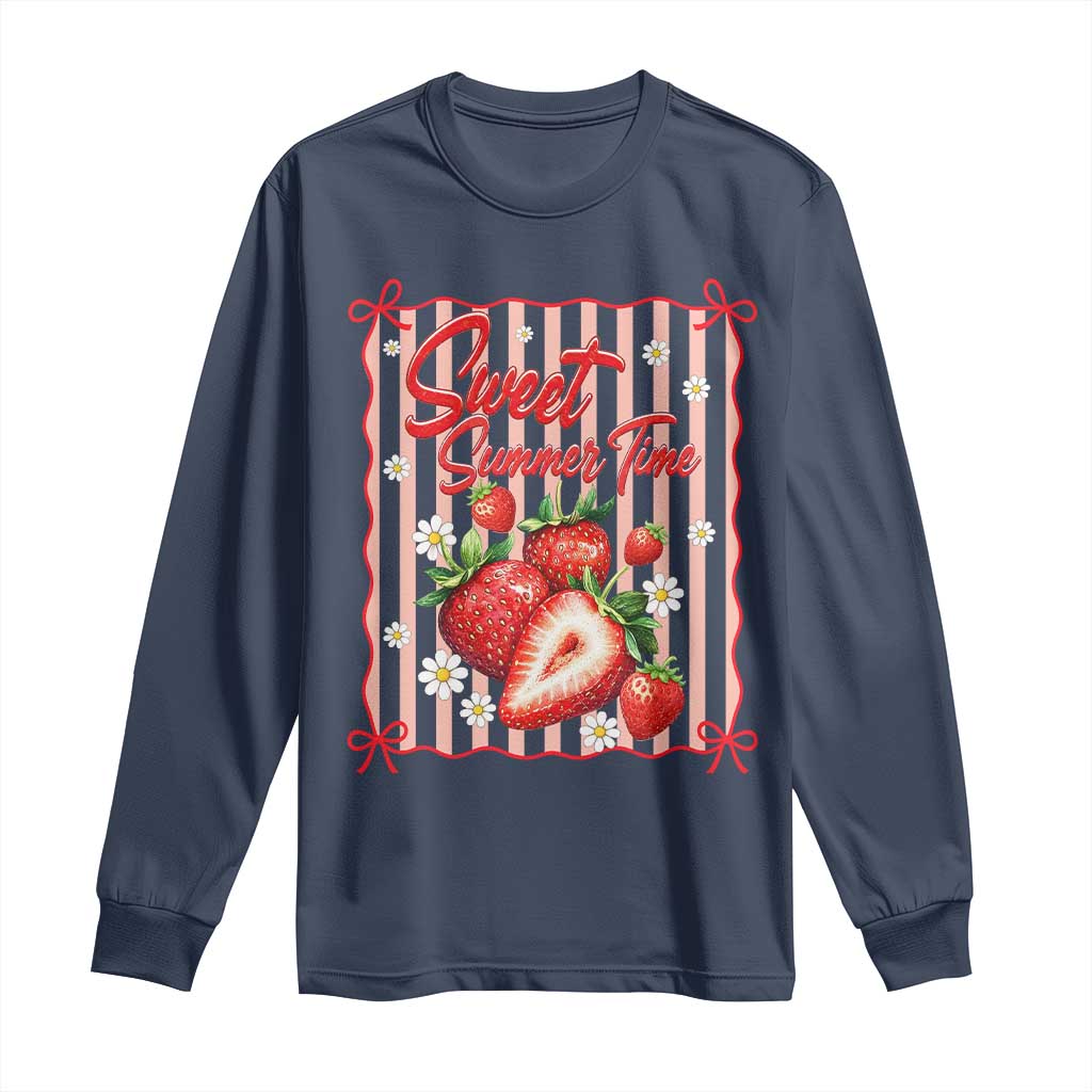 Striped Summer Strawberry Long Sleeve Shirt Preppy Beach Vibes Graphic TS12 Navy Print Your Wear