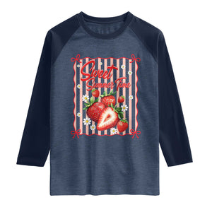Striped Summer Strawberry Raglan Shirt Preppy Beach Vibes Graphic TS12 Heather Denim Navy Print Your Wear