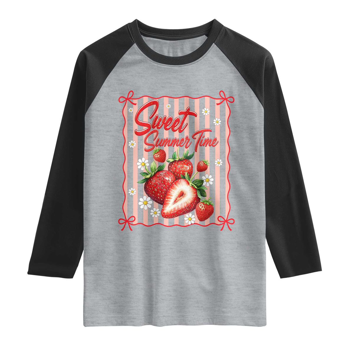 Striped Summer Strawberry Raglan Shirt Preppy Beach Vibes Graphic TS12 Heather Gray Black Print Your Wear