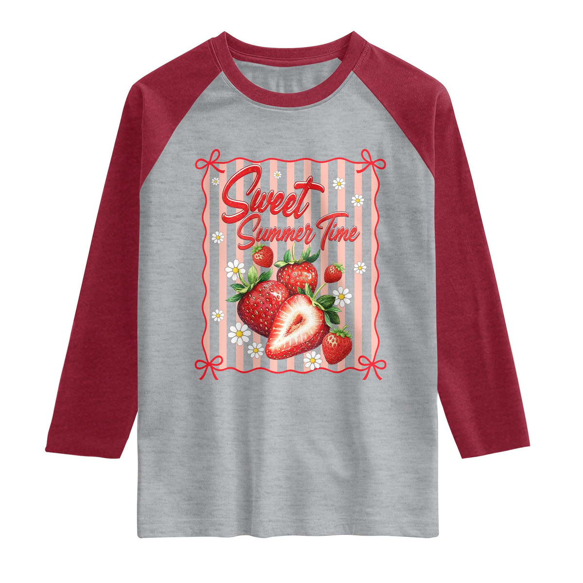 Striped Summer Strawberry Raglan Shirt Preppy Beach Vibes Graphic TS12 Heather Gray Heather Red Print Your Wear