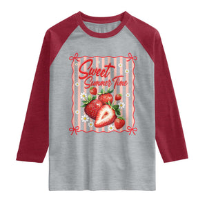 Striped Summer Strawberry Raglan Shirt Preppy Beach Vibes Graphic TS12 Heather Gray Heather Red Print Your Wear