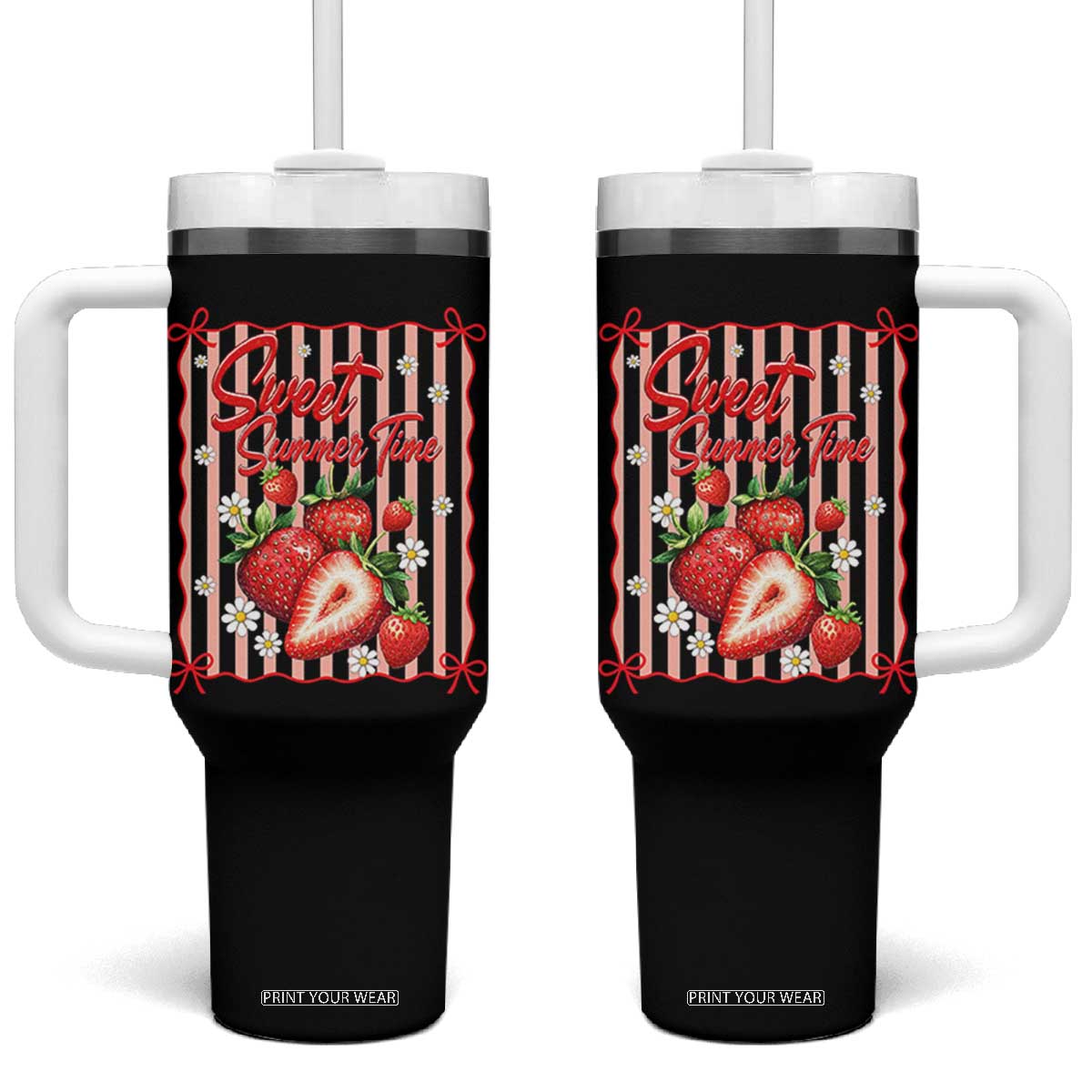 Striped Summer Strawberry Tumbler With Handle Preppy Beach Vibes Graphic TS12 One Size: 40 oz Black Print Your Wear