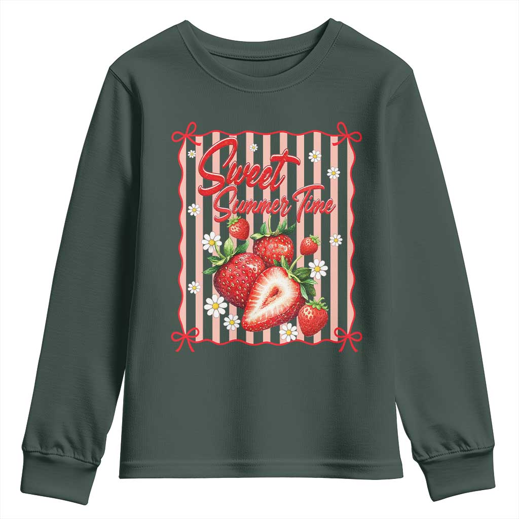 Striped Summer Strawberry Youth Sweatshirt Preppy Beach Vibes Graphic TS12 Dark Forest Green Print Your Wear