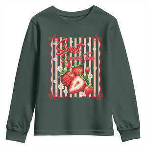 Striped Summer Strawberry Youth Sweatshirt Preppy Beach Vibes Graphic TS12 Dark Forest Green Print Your Wear