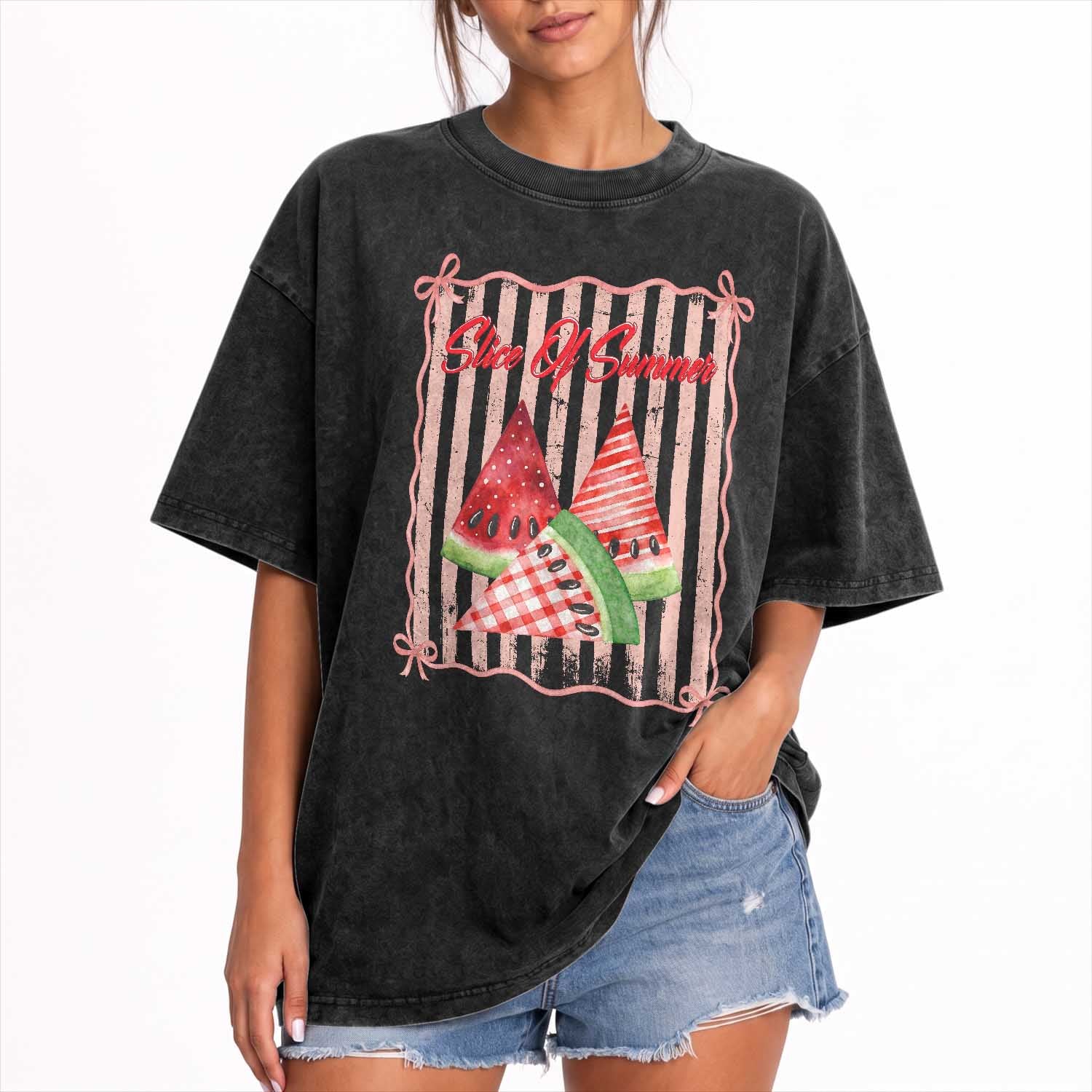 Striped Watermelon Beach Vibes Graphic Washed Cotton T-Shirt Slice Of Summer