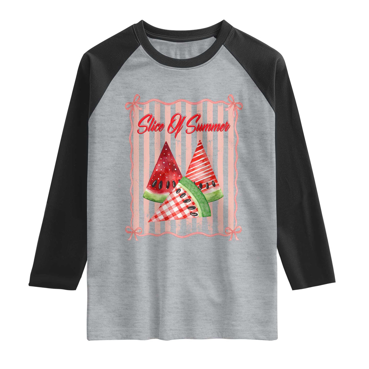 Striped Watermelon Beach Vibes Graphic Raglan Shirt Slice Of Summer TS12 Heather Gray Black Print Your Wear
