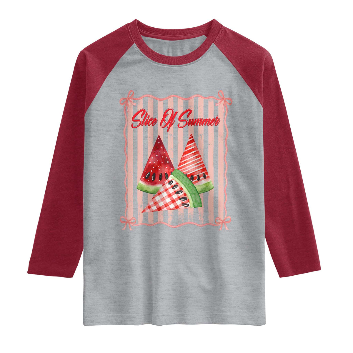 Striped Watermelon Beach Vibes Graphic Raglan Shirt Slice Of Summer TS12 Heather Gray Heather Red Print Your Wear