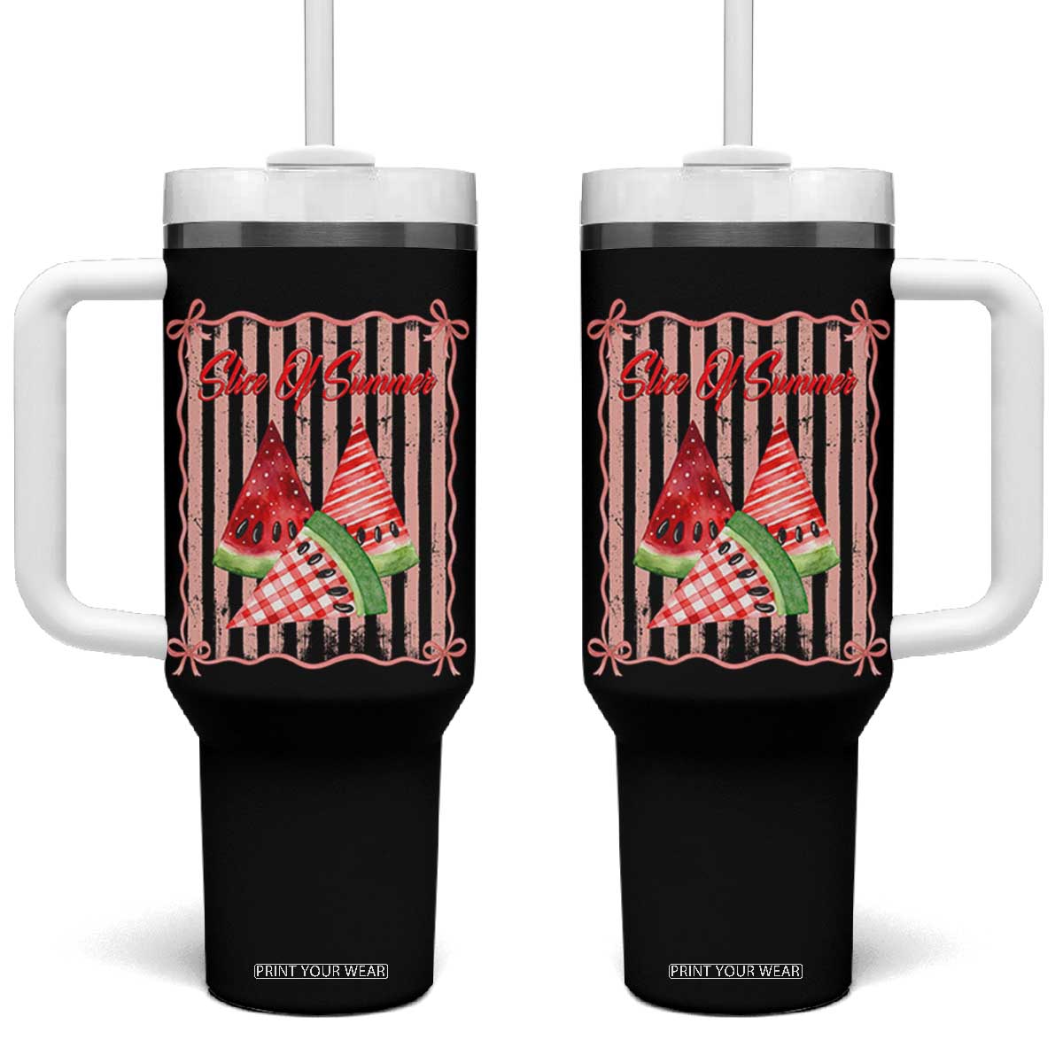 Striped Watermelon Beach Vibes Graphic Tumbler With Handle Slice Of Summer TS12 One Size: 40 oz Black Print Your Wear
