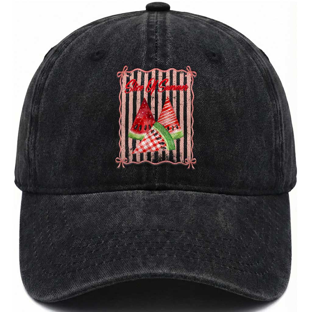 Striped Watermelon Beach Vibes Graphic Washed Cotton Baseball Cap Slice Of Summer TS12 Print Your Wear