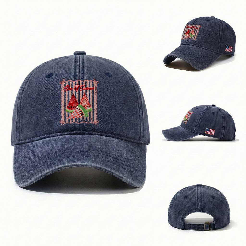 Striped Watermelon Beach Vibes Graphic Washed Cotton Baseball Cap Slice Of Summer TS12 Washed Cap Universal Fit Navy Print Your Wear