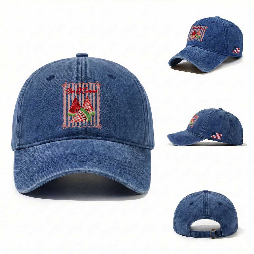 Striped Watermelon Beach Vibes Graphic Washed Cotton Baseball Cap Slice Of Summer TS12 Washed Cap Universal Fit Royal Blue Print Your Wear