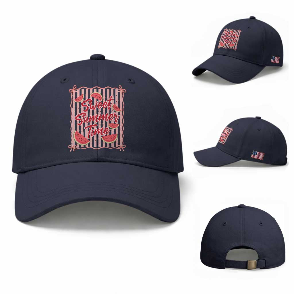 Striped Watermelon Beach Vibes Graphic Baseball Cap Sweet Summer Time TS12 Baseball Cap Universal Fit Navy Print Your Wear