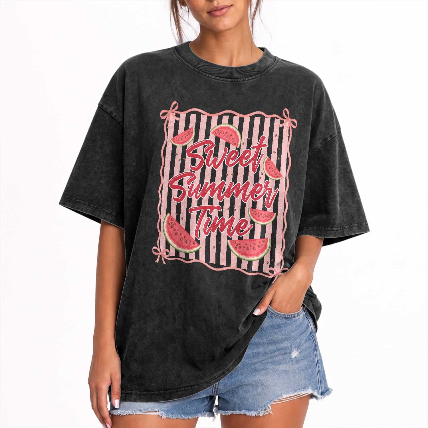 Striped Watermelon Beach Vibes Graphic Washed Cotton T-Shirt Sweet Summer Time