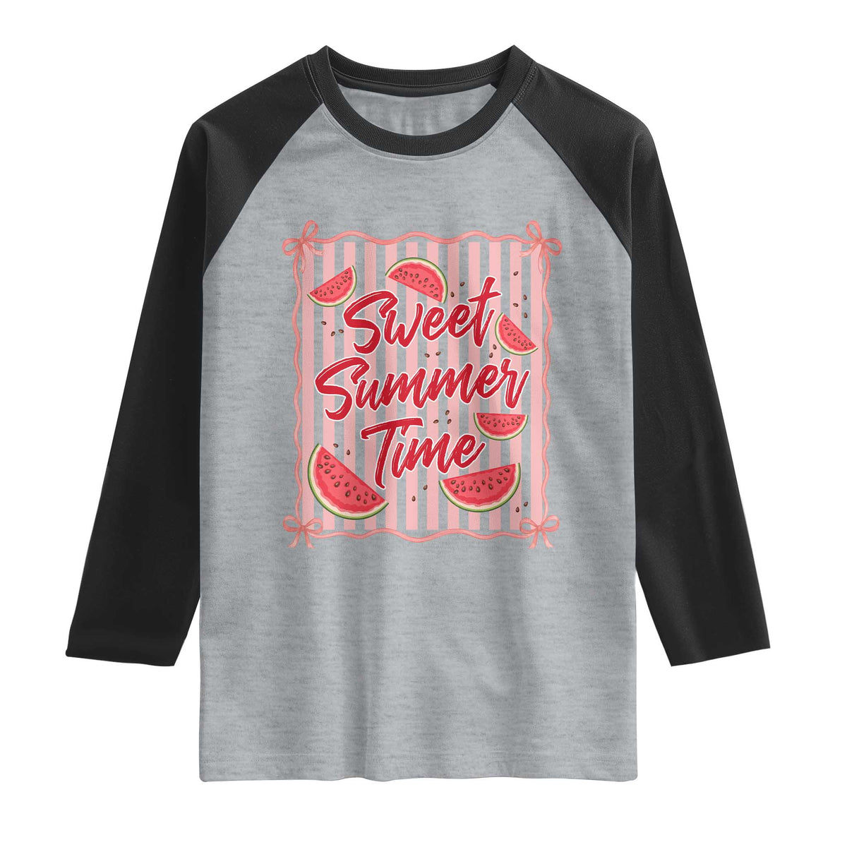 Striped Watermelon Beach Vibes Graphic Raglan Shirt Sweet Summer Time TS12 Heather Gray Black Print Your Wear