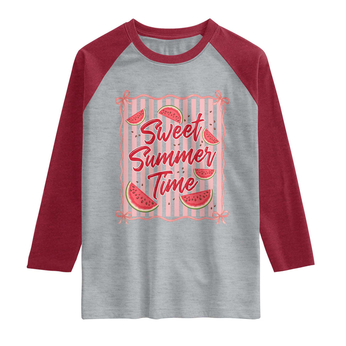 Striped Watermelon Beach Vibes Graphic Raglan Shirt Sweet Summer Time TS12 Heather Gray Heather Red Print Your Wear