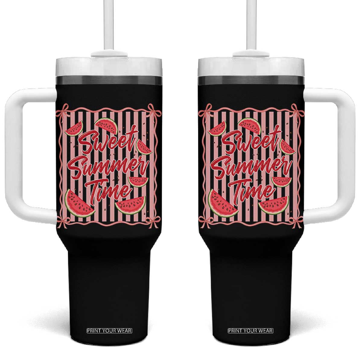 Striped Watermelon Beach Vibes Graphic Tumbler With Handle Sweet Summer Time TS12 One Size: 40 oz Black Print Your Wear