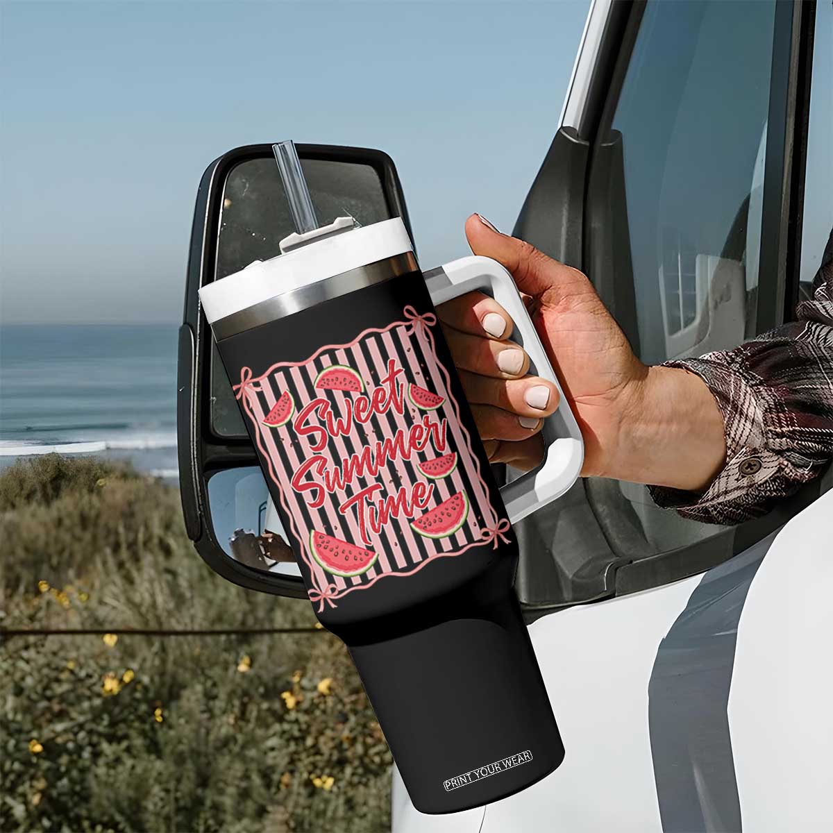 Striped Watermelon Beach Vibes Graphic Tumbler With Handle Sweet Summer Time TS12 Print Your Wear