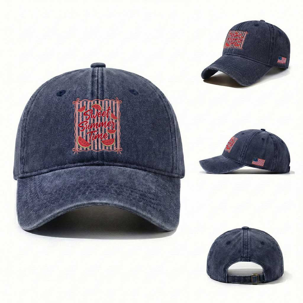 Striped Watermelon Beach Vibes Graphic Washed Cotton Baseball Cap Sweet Summer Time TS12 Washed Cap Universal Fit Navy Print Your Wear