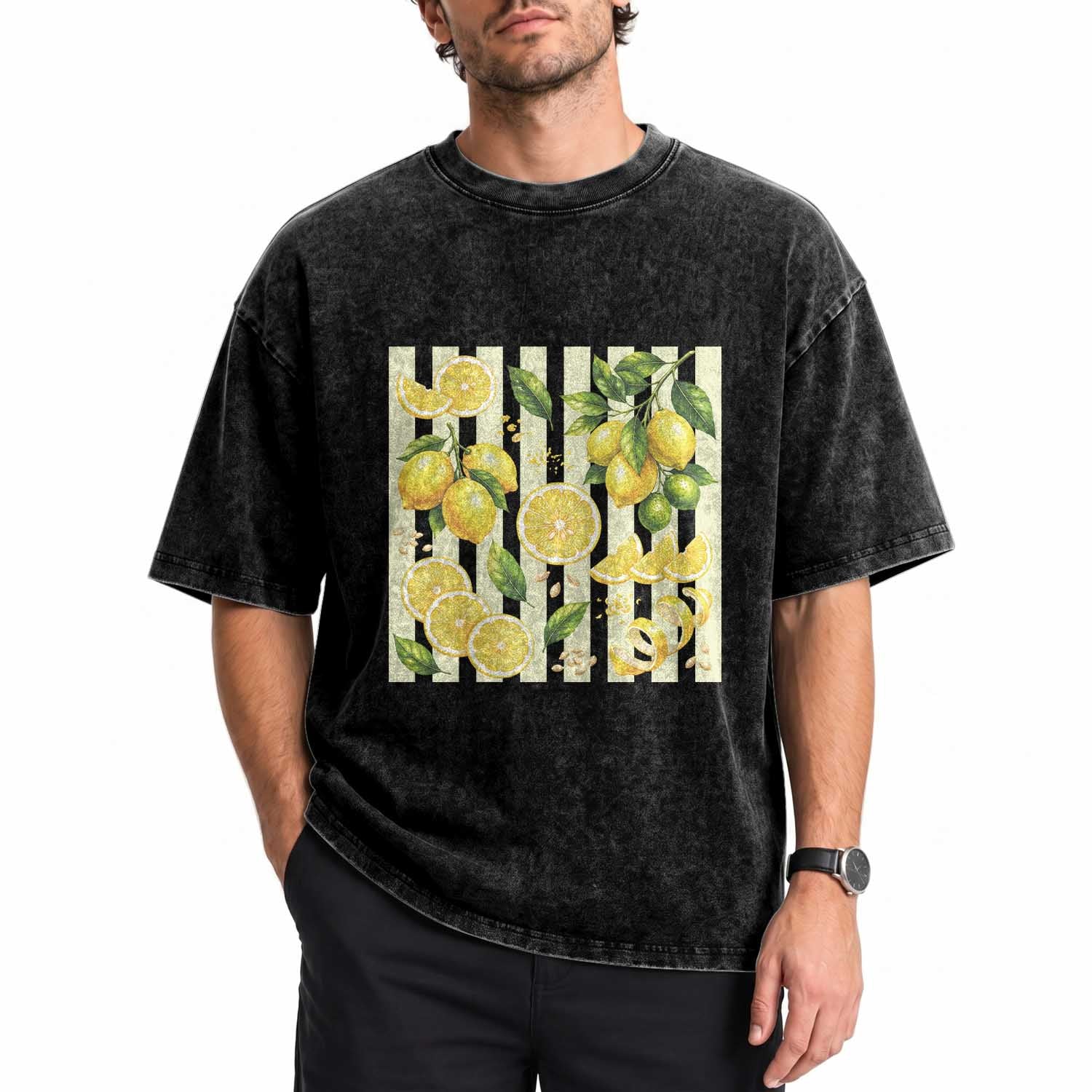 Striped Summer Lemon Washed Cotton T-Shirt Citrus Fruit Lover Gift