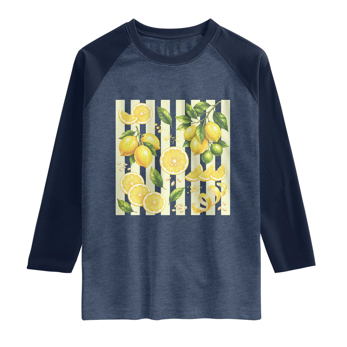 Striped Summer Lemon Raglan Shirt Citrus Fruit Lover Gift TS12 Heather Denim Navy Print Your Wear