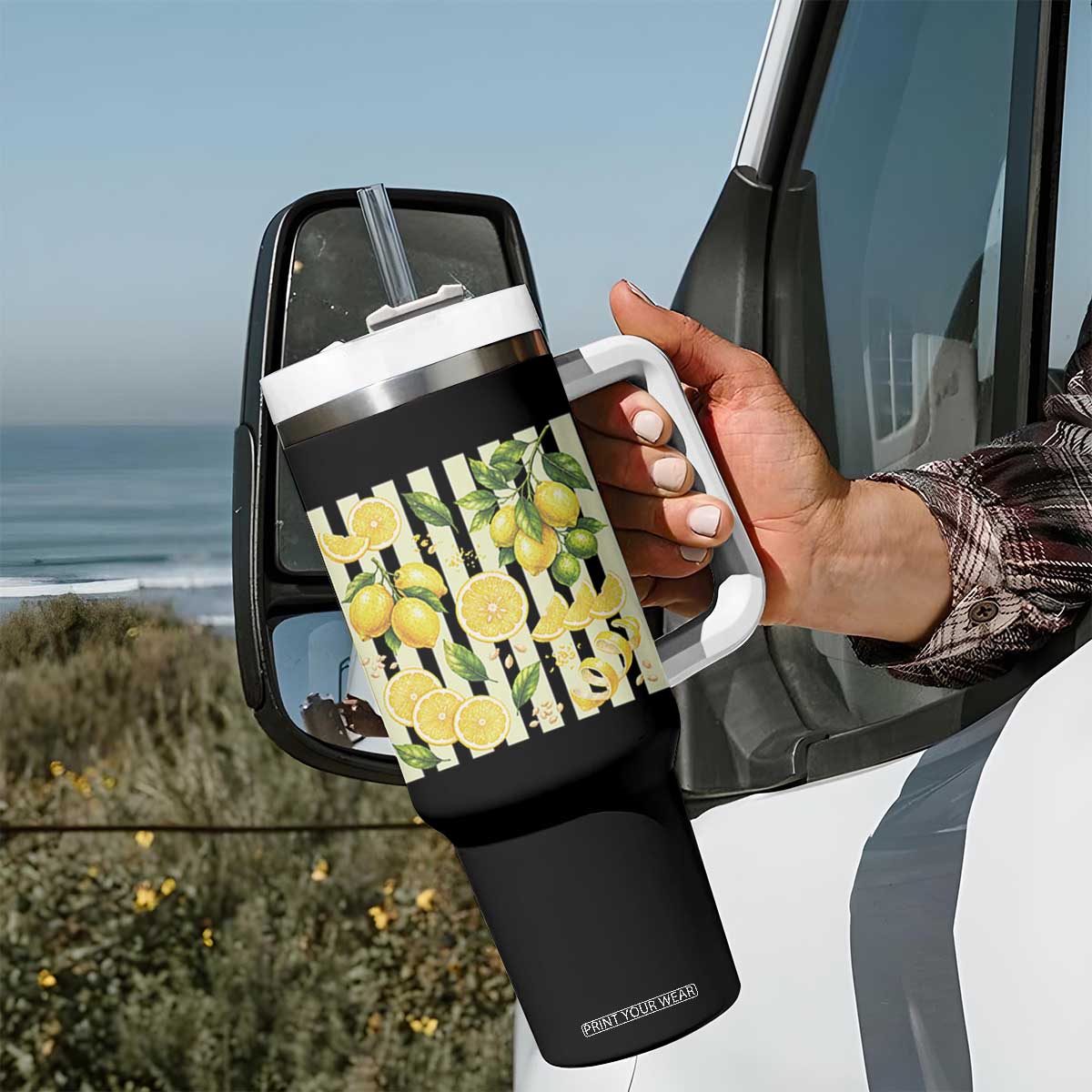 Striped Summer Lemon Tumbler With Handle Citrus Fruit Lover Gift TS12 Print Your Wear