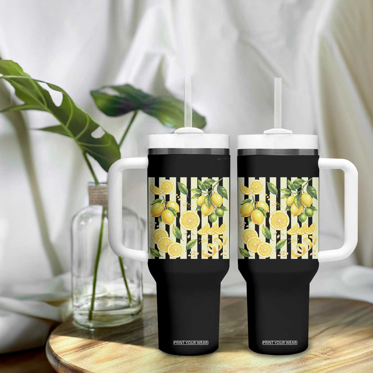 Striped Summer Lemon Tumbler With Handle Citrus Fruit Lover Gift TS12 Print Your Wear