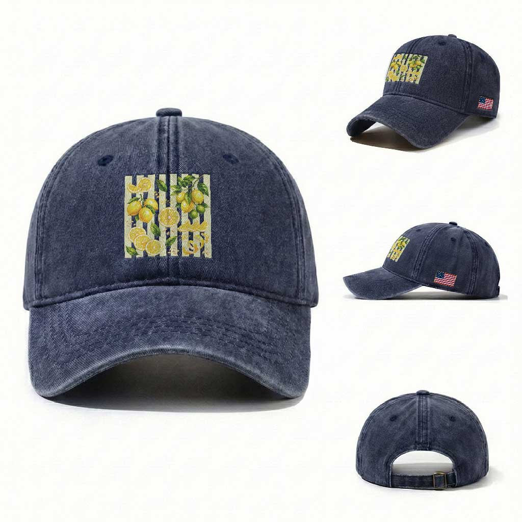 Striped Summer Lemon Washed Cotton Baseball Cap Citrus Fruit Lover Gift TS12 Washed Cap Universal Fit Navy Print Your Wear