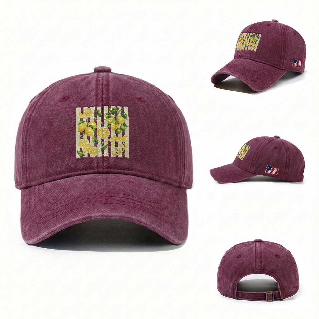 Striped Summer Lemon Washed Cotton Baseball Cap Citrus Fruit Lover Gift TS12 Washed Cap Universal Fit Burgundy Print Your Wear