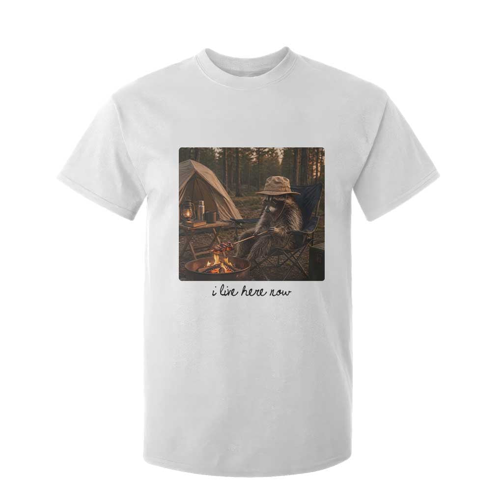 Funny Camping Raccoon T Shirt For Kid I Live Here Now Outdoor Lover TS12 White Print Your Wear