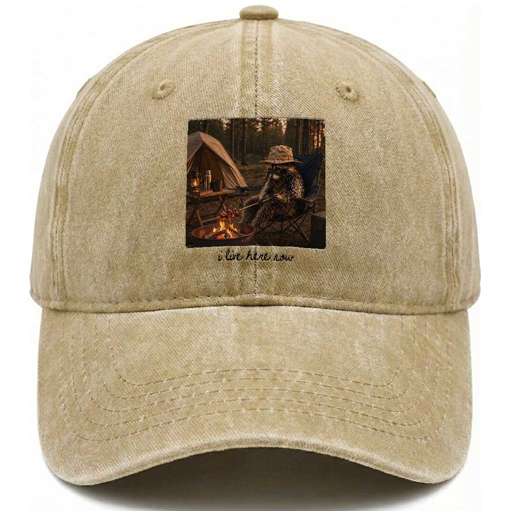 Funny Camping Raccoon Washed Cotton Baseball Cap I Live Here Now Outdoor Lover TS12 Print Your Wear