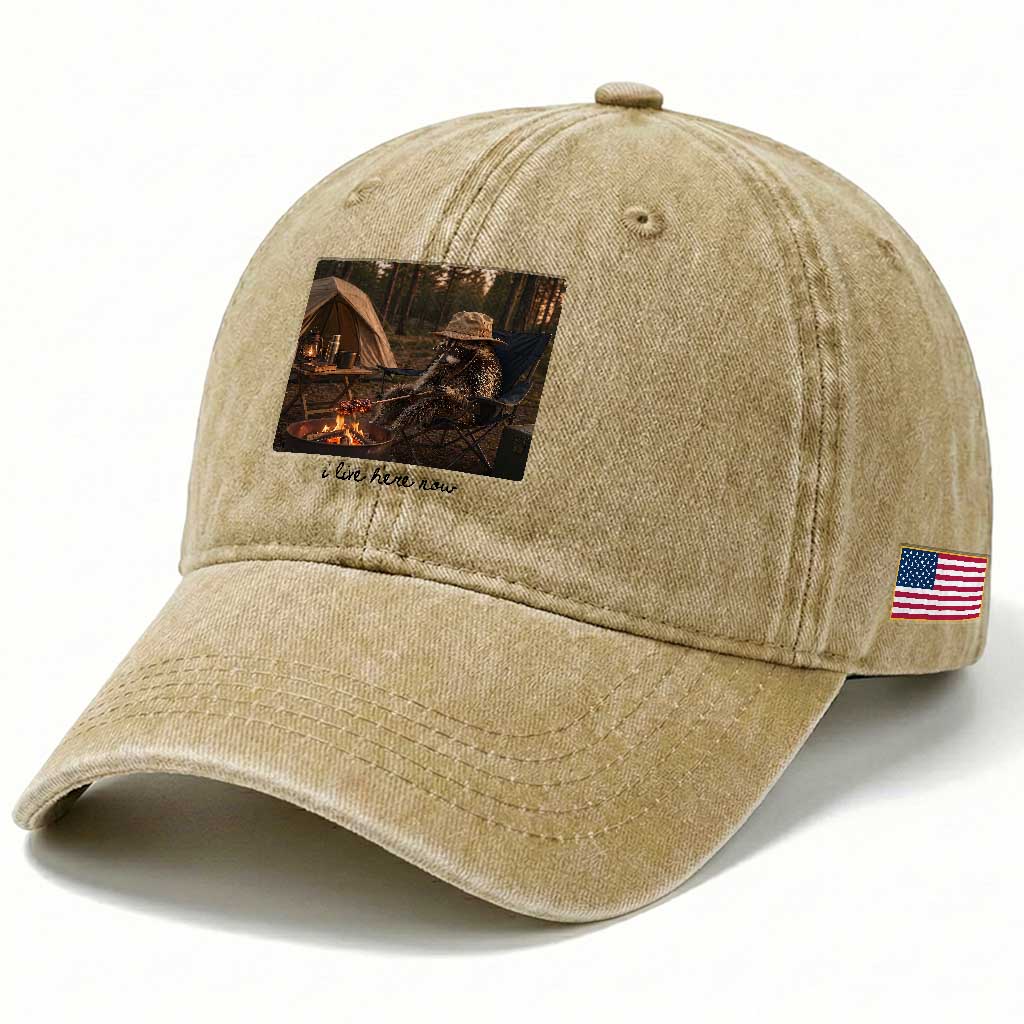 Funny Camping Raccoon Washed Cotton Baseball Cap I Live Here Now Outdoor Lover TS12 Print Your Wear