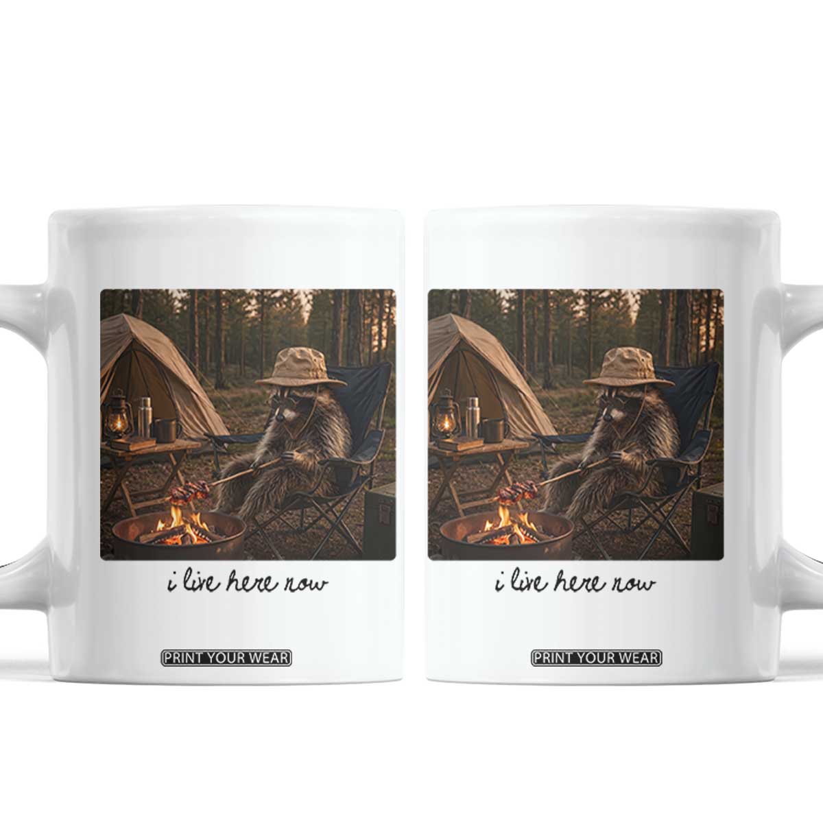 Funny Camping Raccoon Coffee Mug I Live Here Now Outdoor Lover TS12 White Print Your Wear