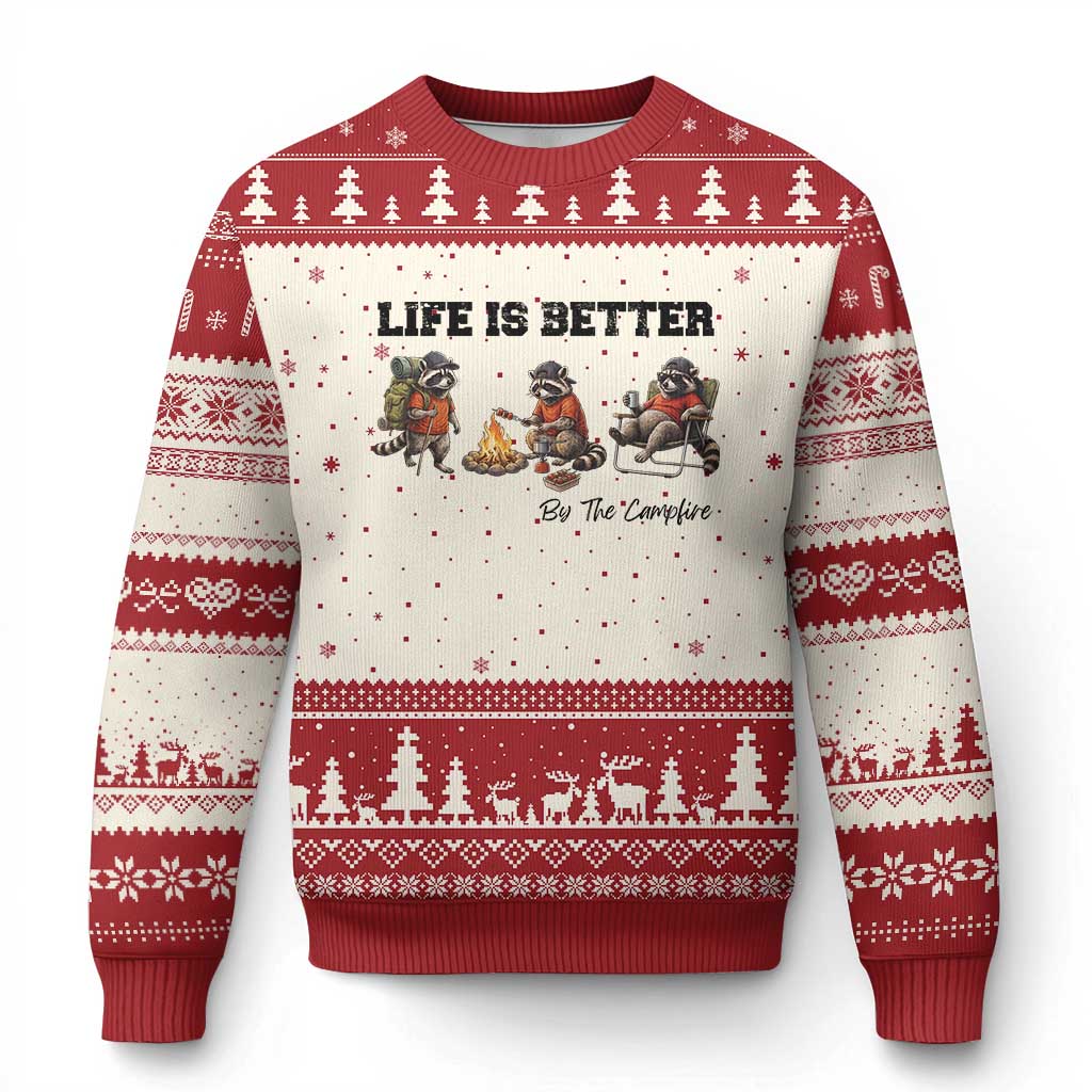 Funny Camping Raccoon Ugly Christmas Sweater Life Is Better By The Campfire TS12 Beige Red Print Your Wear