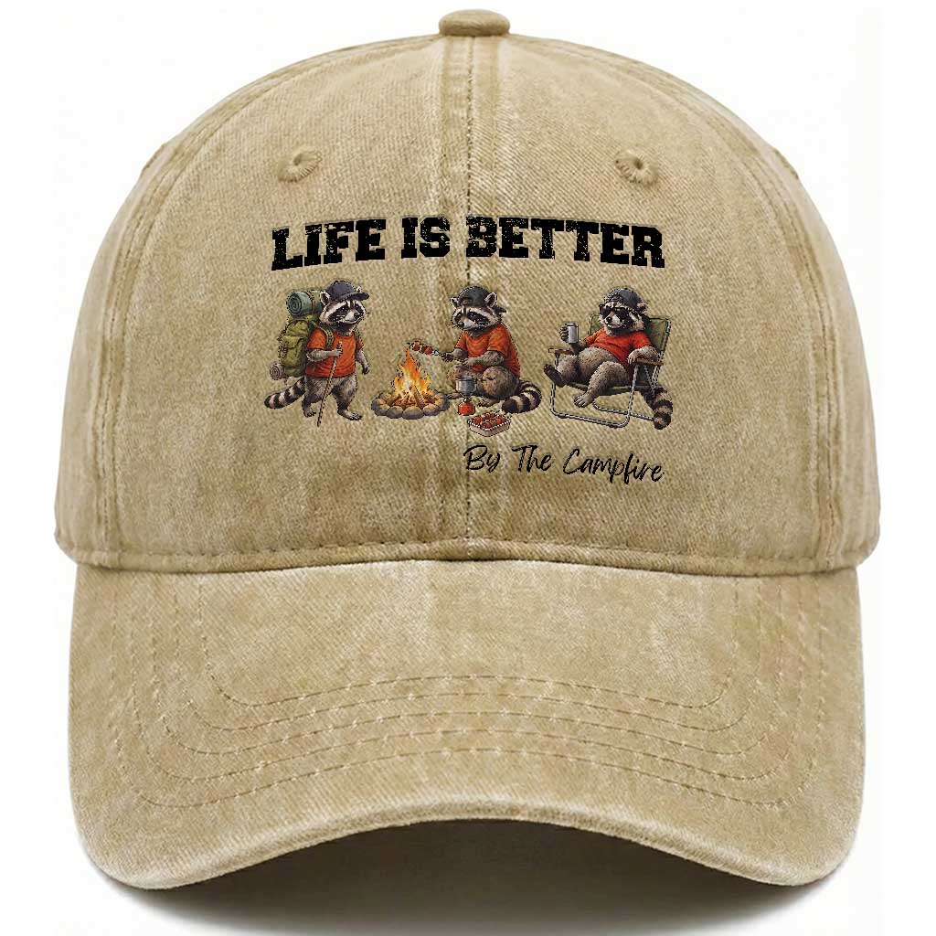 Funny Camping Raccoon Washed Cotton Baseball Cap Life Is Better By The Campfire TS12 Print Your Wear