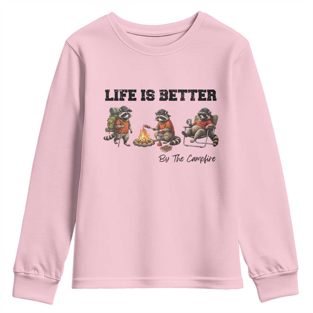 Funny Camping Raccoon Youth Sweatshirt Life Is Better By The Campfire TS12 Light Pink Print Your Wear