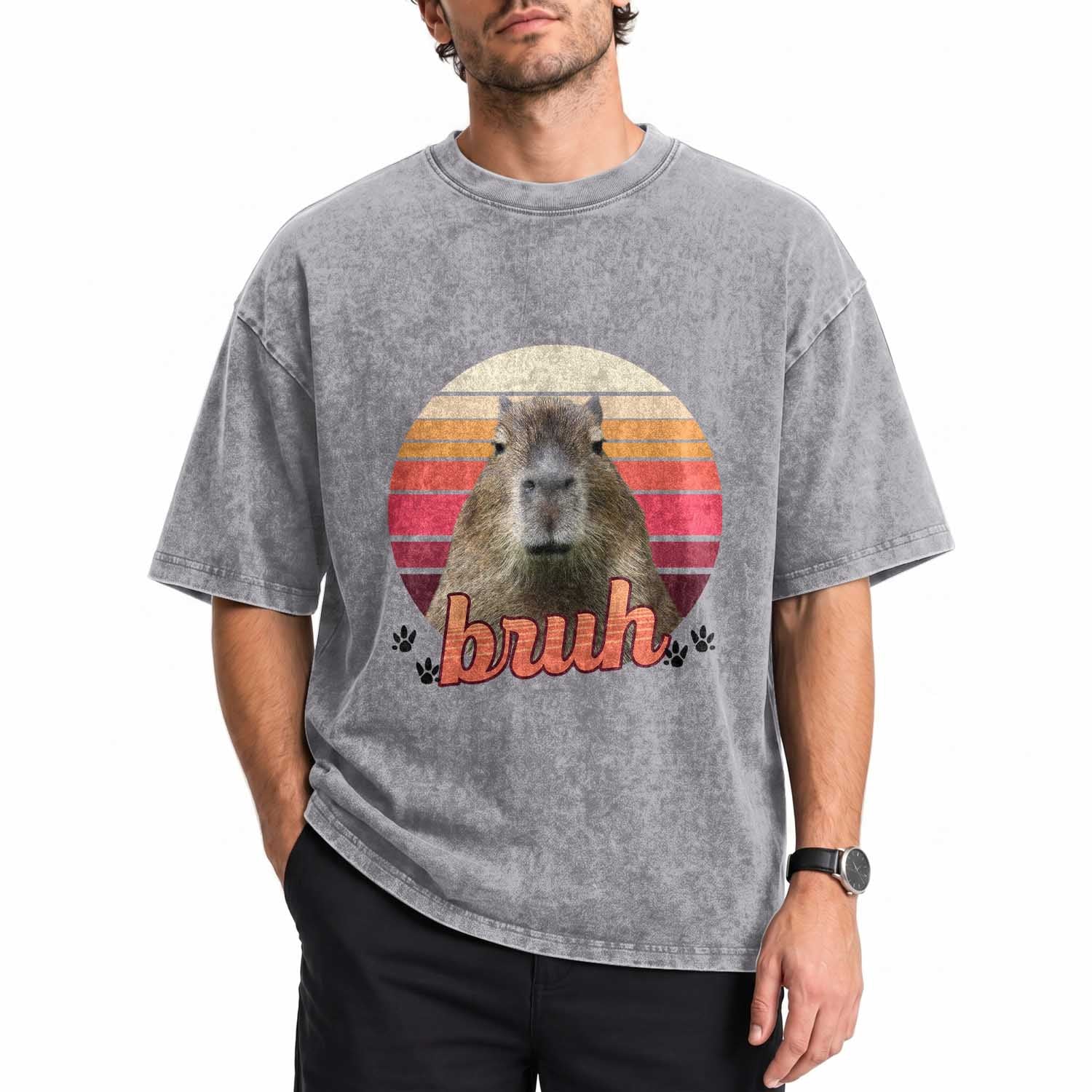Capybara Lover Washed Cotton T-Shirt Funny Bruh Meme Animal Humor Gift