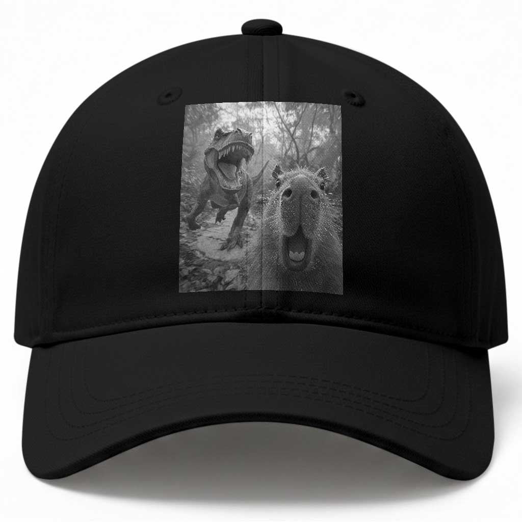 Funny Capybara Selfie With Dinosaur Meme Baseball Cap Animal Humor Gift TS12 Print Your Wear