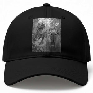 Funny Capybara Selfie With Dinosaur Meme Baseball Cap Animal Humor Gift TS12 Print Your Wear