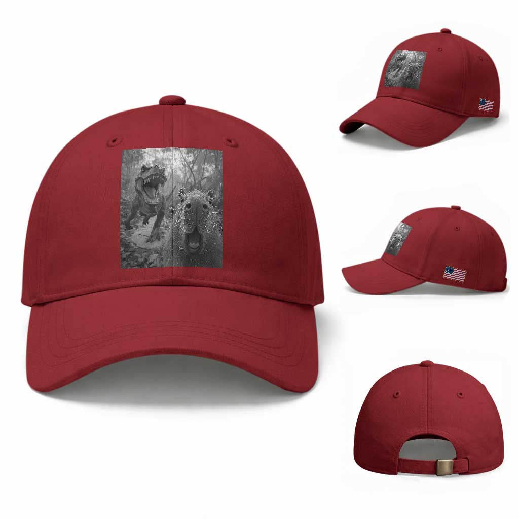 Funny Capybara Selfie With Dinosaur Meme Baseball Cap Animal Humor Gift TS12 Baseball Cap Universal Fit Cherry Red Print Your Wear