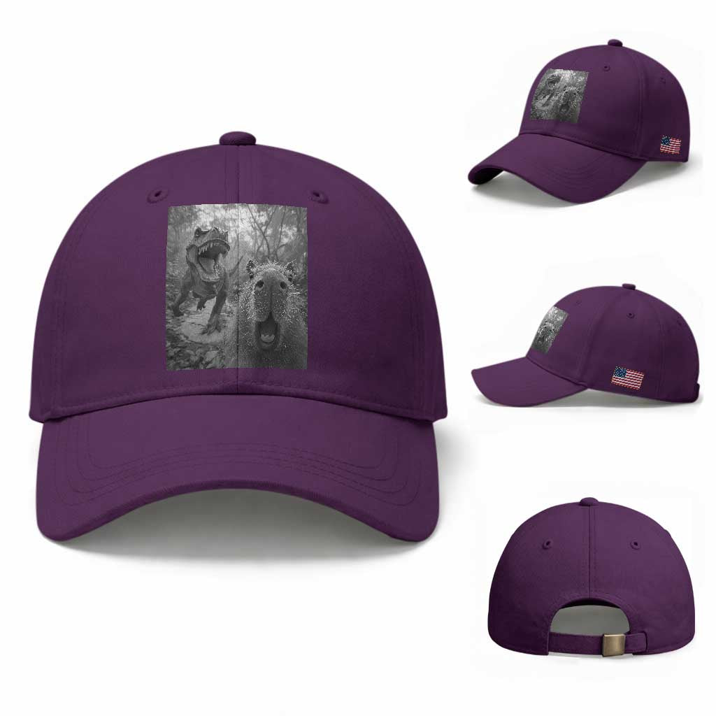 Funny Capybara Selfie With Dinosaur Meme Baseball Cap Animal Humor Gift TS12 Baseball Cap Universal Fit Purple Print Your Wear