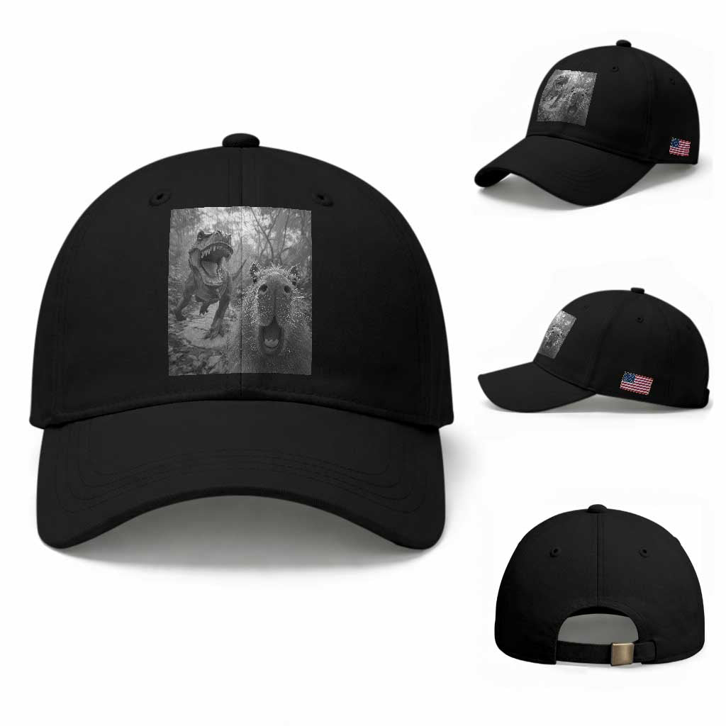 Funny Capybara Selfie With Dinosaur Meme Baseball Cap Animal Humor Gift TS12 Baseball Cap Universal Fit Black Print Your Wear
