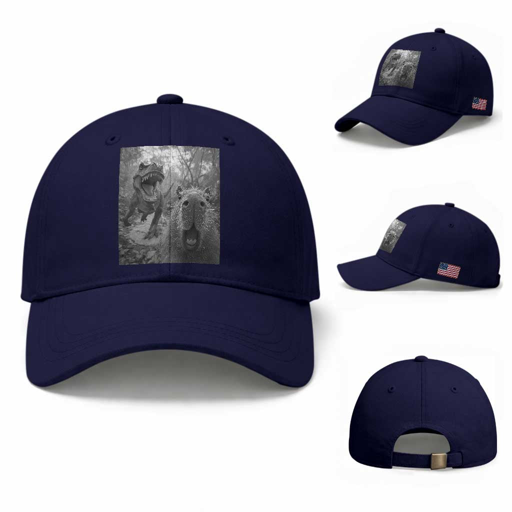 Funny Capybara Selfie With Dinosaur Meme Baseball Cap Animal Humor Gift TS12 Baseball Cap Universal Fit Dark Blue Print Your Wear
