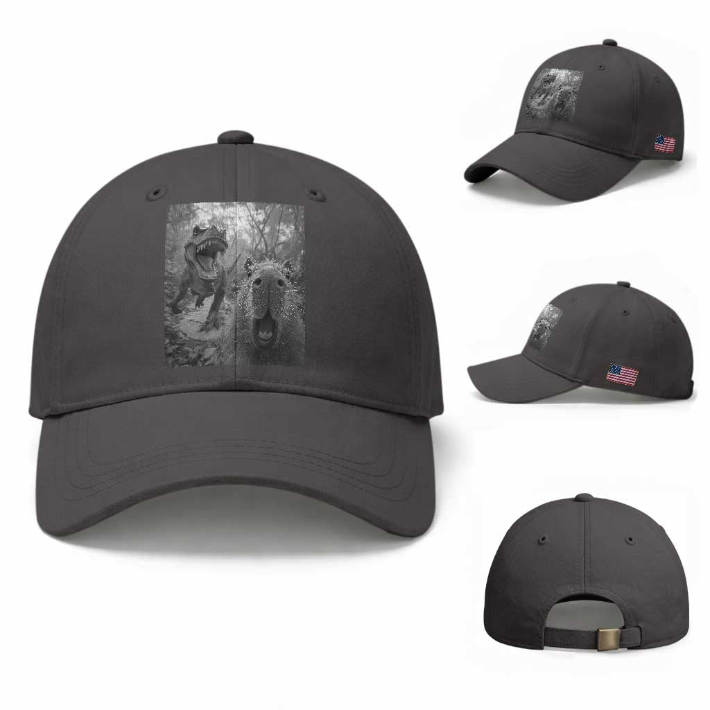 Funny Capybara Selfie With Dinosaur Meme Baseball Cap Animal Humor Gift TS12 Baseball Cap Universal Fit Dark Gray Print Your Wear